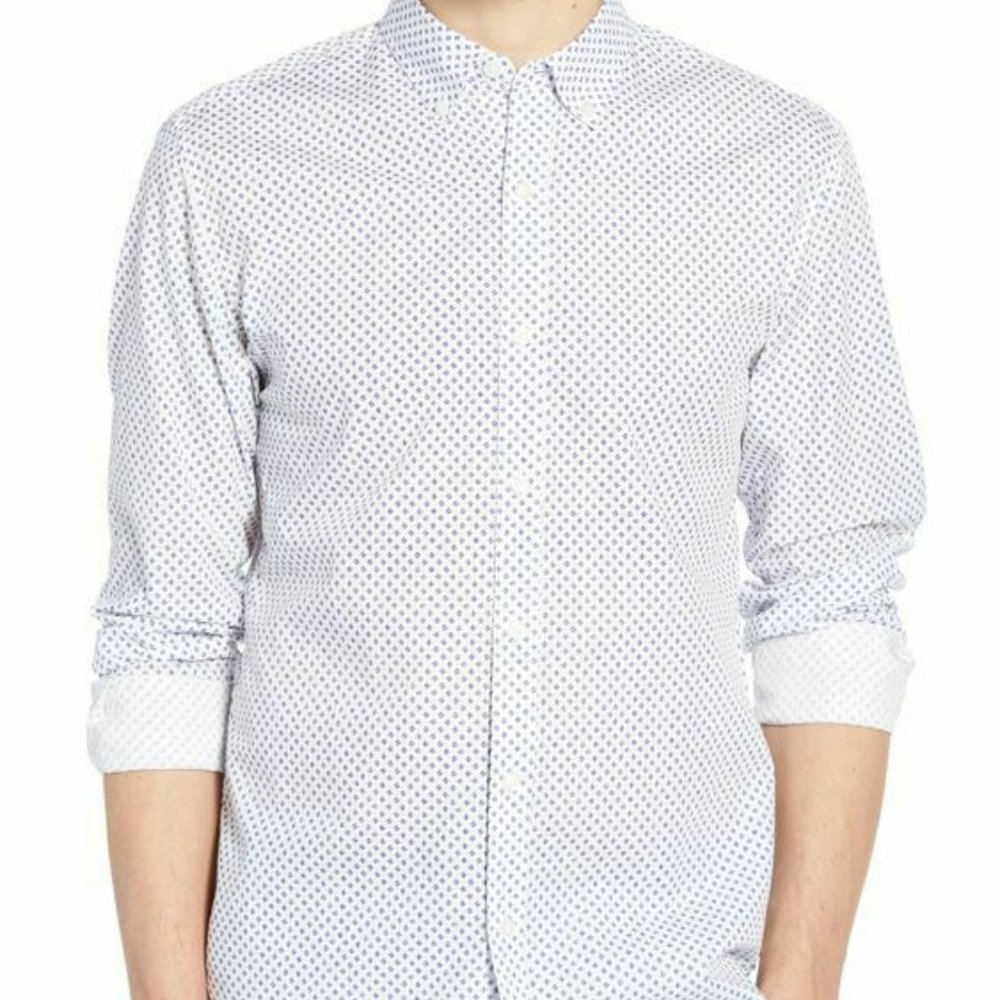 NEW BONOBOS Washed Button Down Slim Fit Print Sport Shirt White Purple Med Long